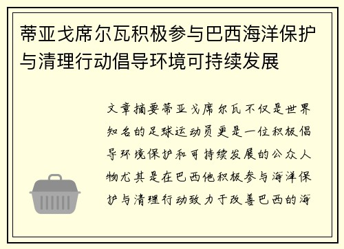 蒂亚戈席尔瓦积极参与巴西海洋保护与清理行动倡导环境可持续发展
