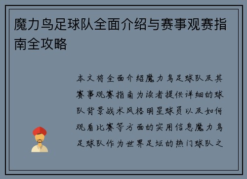魔力鸟足球队全面介绍与赛事观赛指南全攻略 魔力鸟足球队全面介绍与赛事观赛指南全攻略