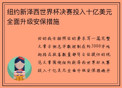 纽约新泽西世界杯决赛投入十亿美元全面升级安保措施 纽约新泽西世界杯决赛投入十亿美元全面升级安保措施
