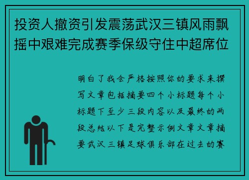 投资人撤资引发震荡武汉三镇风雨飘摇中艰难完成赛季保级守住中超席位