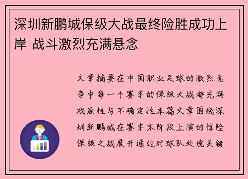深圳新鹏城保级大战最终险胜成功上岸 战斗激烈充满悬念 深圳新鹏城保级大战最终险胜成功上岸 战斗激烈充满悬念